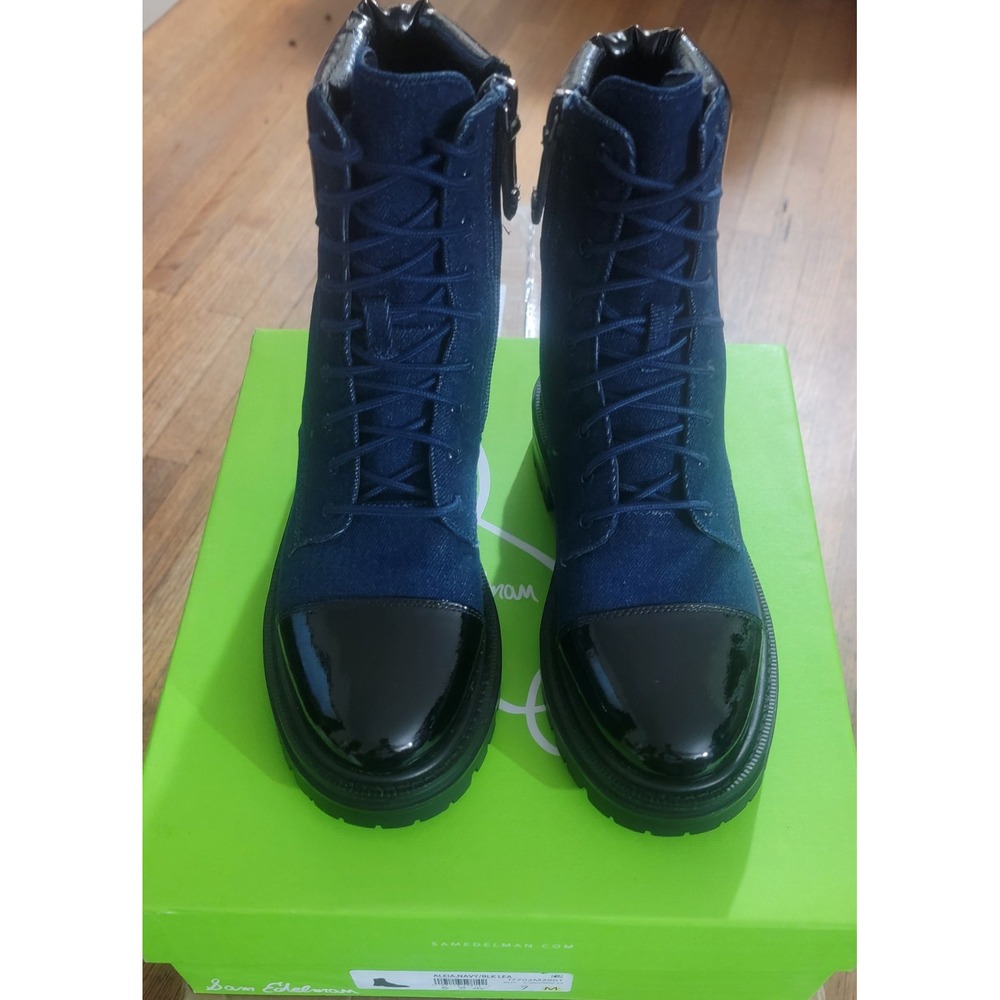 Sam Edelman Aleia Navy Denim Black Patent Leather Combat Boots I7702M2901 sz 7M